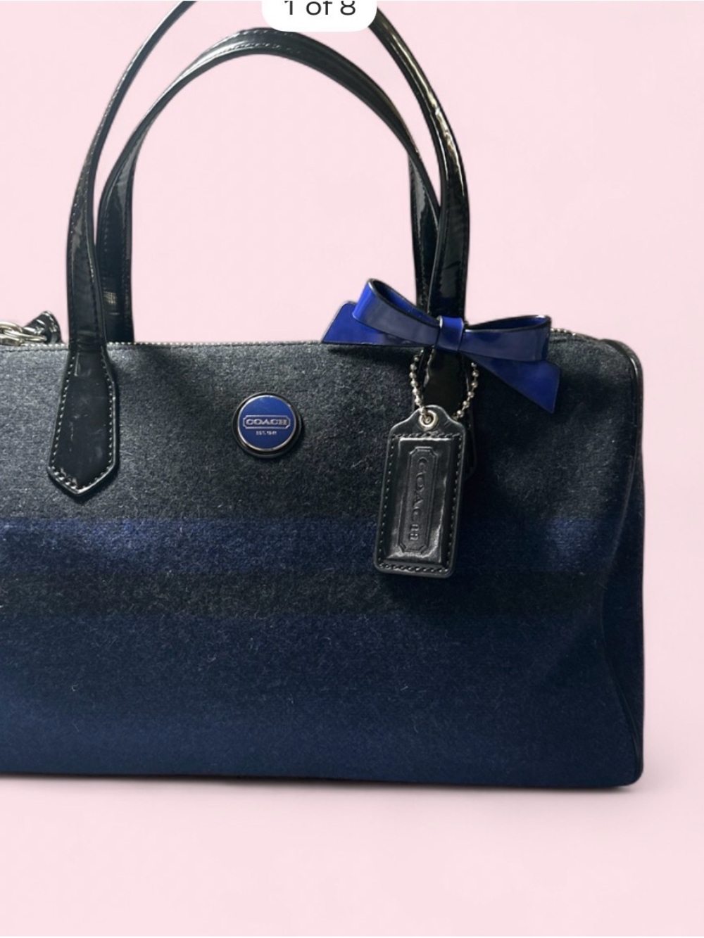 Coach signature stripe wool satchel navy & black leather trim.